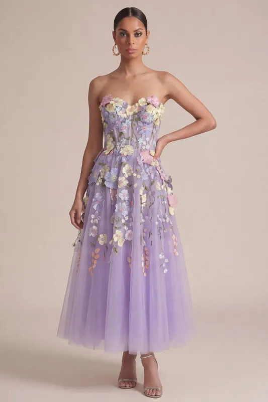Strapless Lilac A Line Appliqued Corset Midi Wedding Guest Dress made by Zapaka