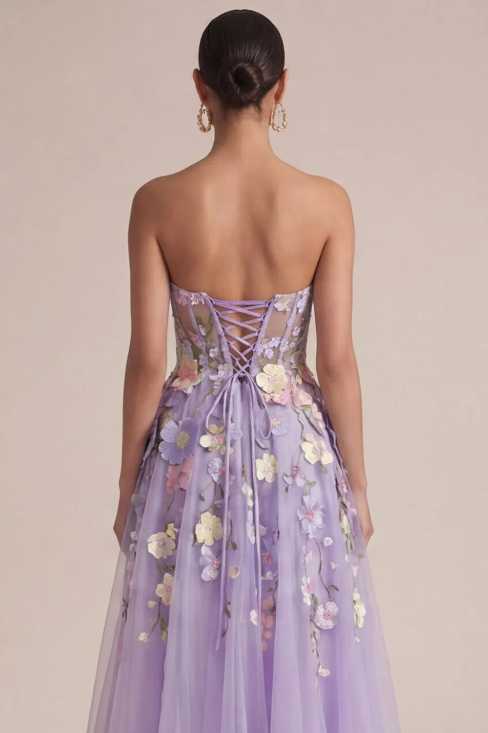 Strapless Lilac A Line Appliqued Corset Midi Wedding Guest Dress sold by Zapaka product image thumbnail 5