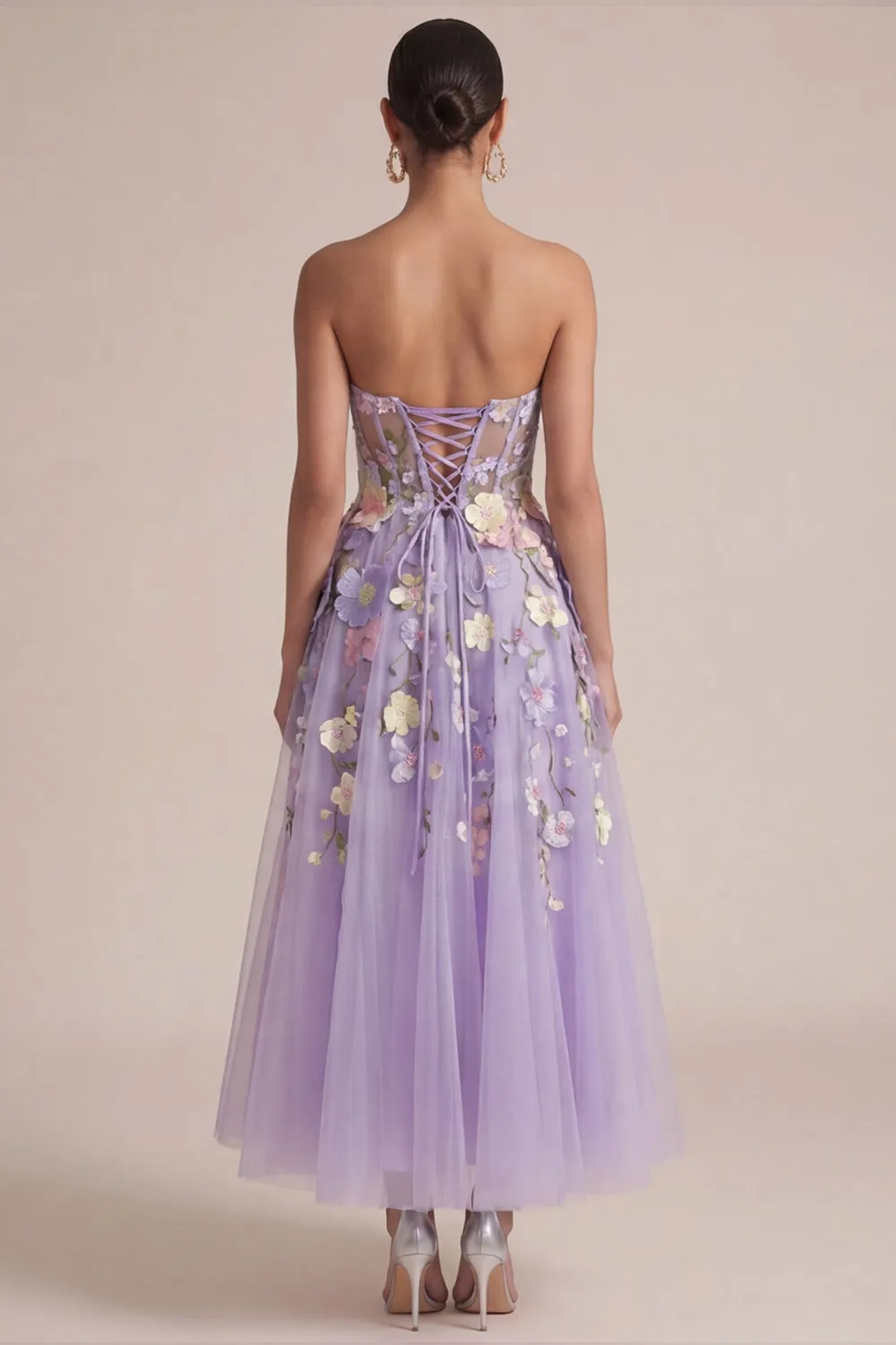Strapless Lilac A Line Appliqued Corset Midi Wedding Guest Dress sold by Zapaka product image thumbnail 2