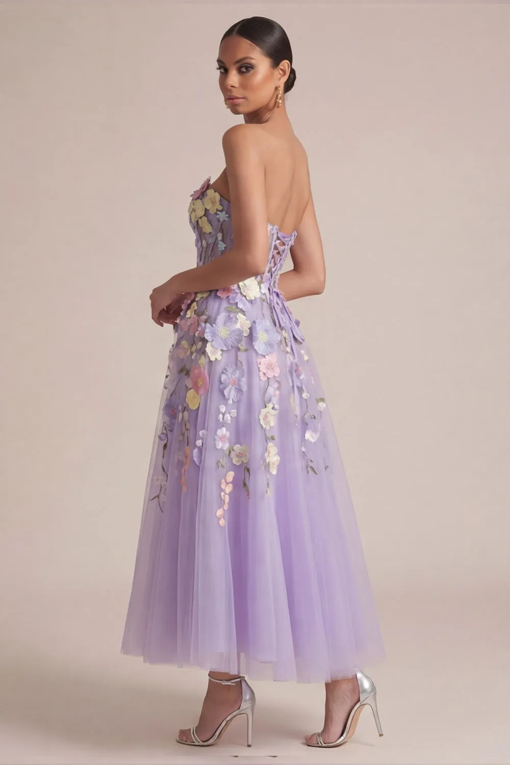 Strapless Lilac A Line Appliqued Corset Midi Wedding Guest Dress sold by Zapaka product image thumbnail 3
