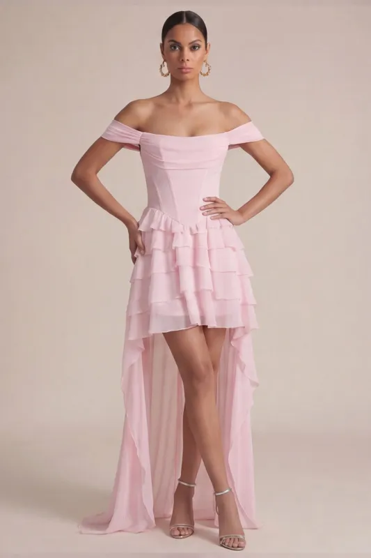 Off the Shoulder Pink A Line Ruffled Corset Wedding Guest Dress made by Zapaka