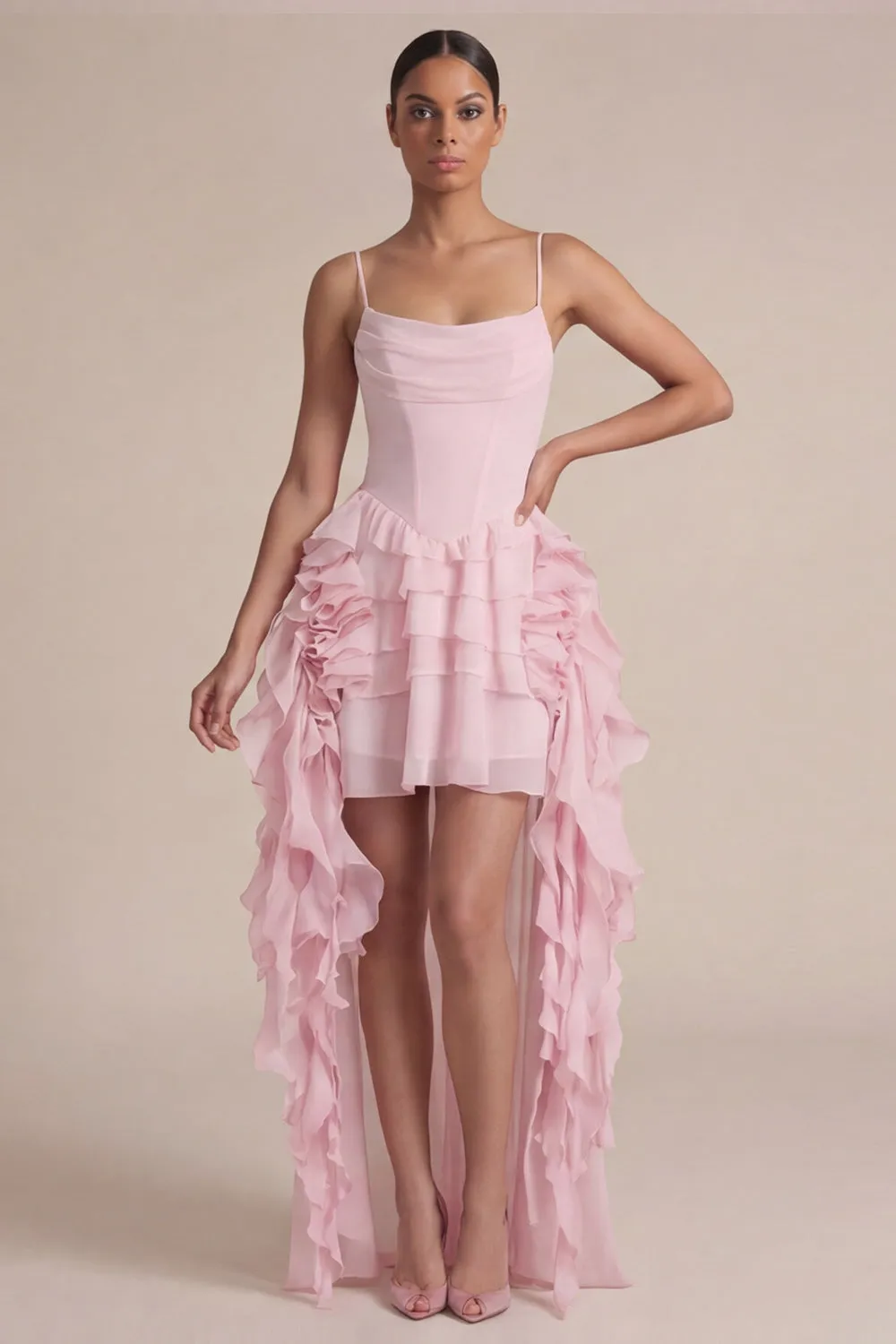 Pink Corset A Line Tiered Ruffle Mini Dress sold by Zapaka