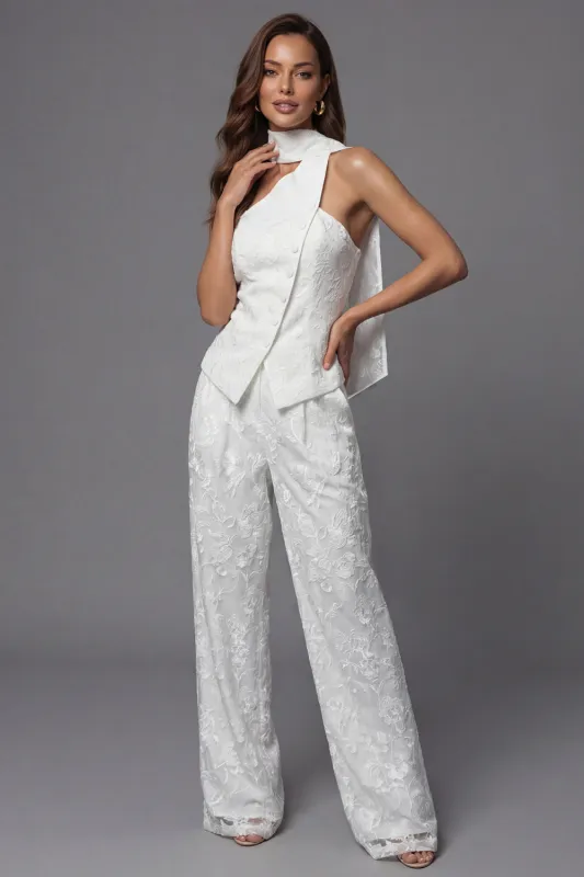 Ivory Lace Embroidered Two-Piece Work Suits with Neck Scarf made by Zapaka