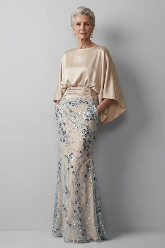 Champagne Sequin Long Sleeve Mermaid Mother Of Bride Dress made by Zapaka