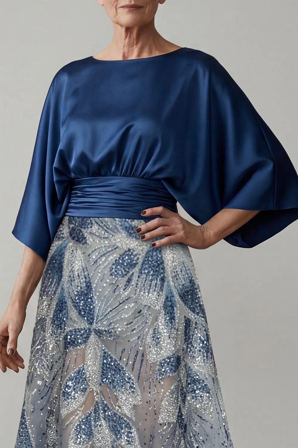 Navy Sequin 3/4 Sleeves A Line Mother of the Bride Dress sold by Zapaka product image thumbnail 3