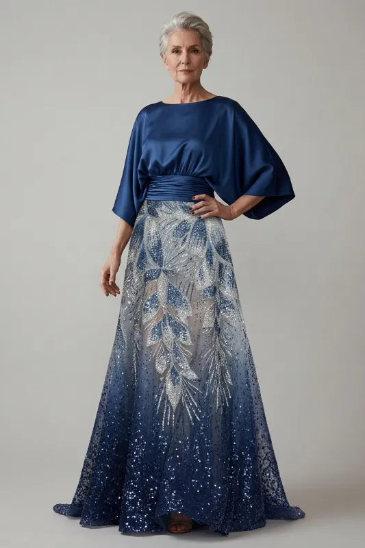 Navy Sequin 3/4 Sleeves A Line Mother of the Bride Dress made by Zapaka