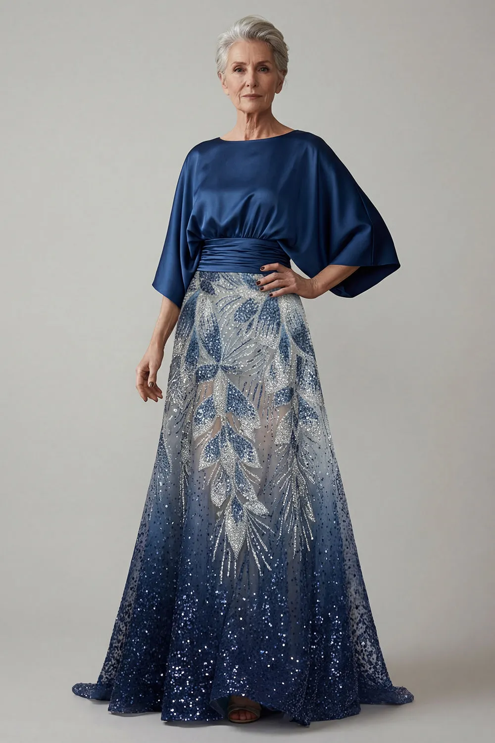 Navy Sequin 3/4 Sleeves A Line Mother of the Bride Dress sold by Zapaka