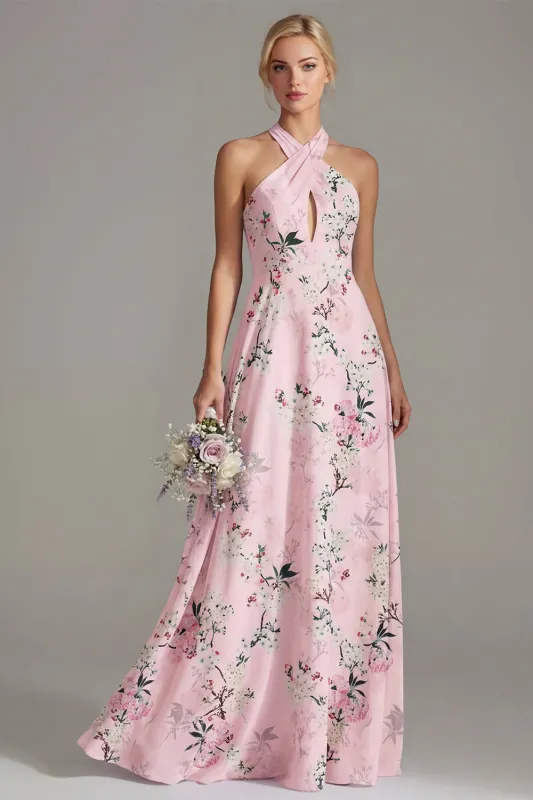 Pink A-Line Halter Neck Floral Long Bridesmaid Dress made by Zapaka
