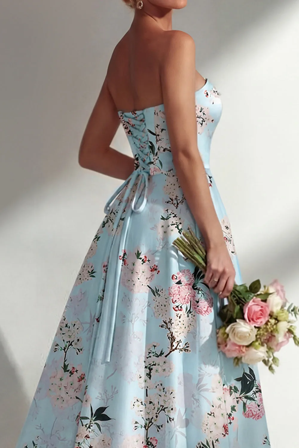 Floral Blue A-Line Strapless Printed Long Bridesmaid Dress sold by Zapaka product image thumbnail 4