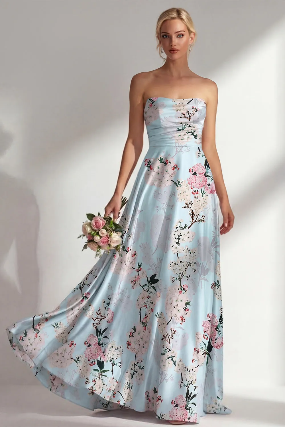 Floral Blue A-Line Strapless Printed Long Bridesmaid Dress sold by Zapaka