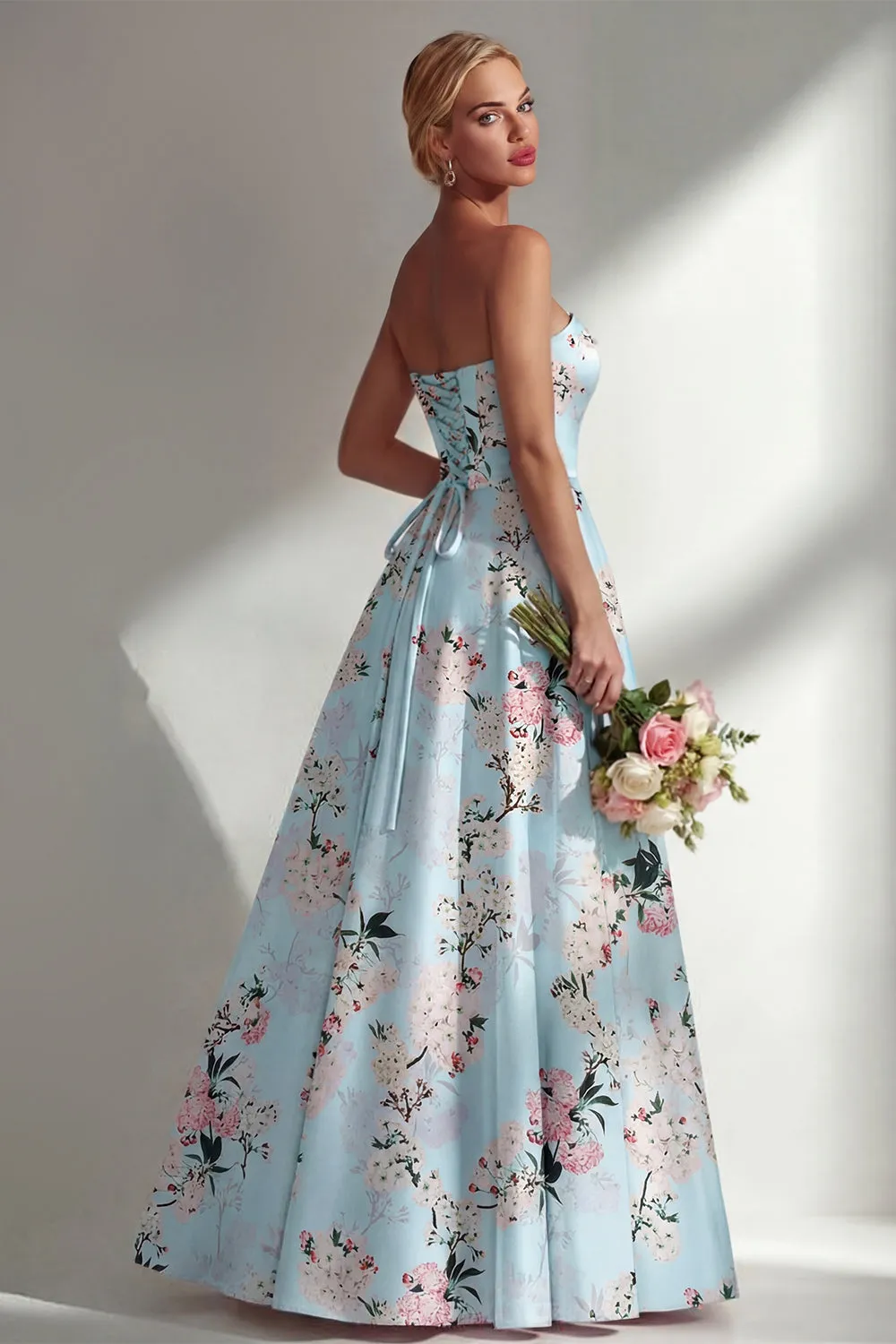 Floral Blue A-Line Strapless Printed Long Bridesmaid Dress sold by Zapaka product image thumbnail 2