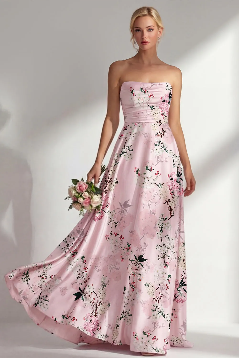 Floral Blue A-Line Strapless Printed Long Bridesmaid Dress sold by Zapaka product image thumbnail 5
