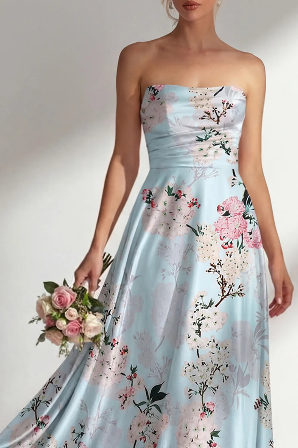 Floral Blue A-Line Strapless Printed Long Bridesmaid Dress sold by Zapaka product image thumbnail 3