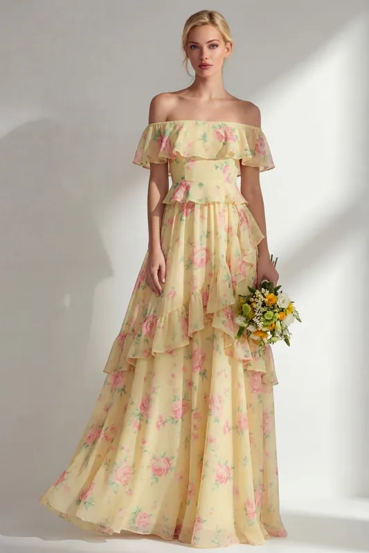 A-Line Yellow Pink Flower Off the Shoulder Chiffon Long Bridesmaid Dress with Ruffles made by Zapaka