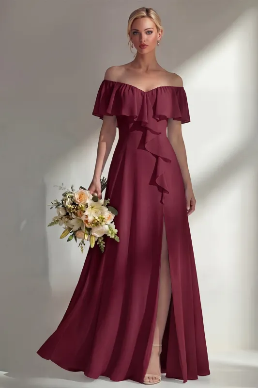 Burgundy A Line Off the Shoulder Long Bridesmaid Dress with Ruffles made by Zapaka