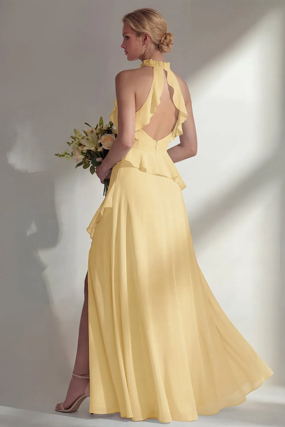 A Line Burgundy Halter Neck Chiffon Long Bridesmaid Dress with Ruffles sold by Zapaka product image thumbnail 4