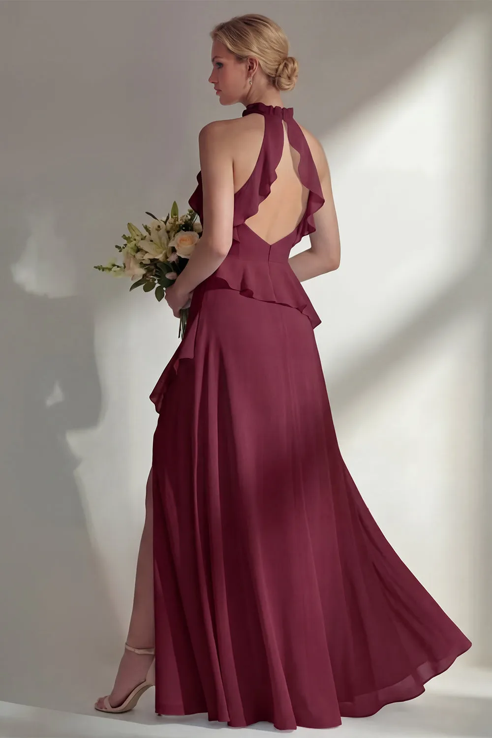 A Line Burgundy Halter Neck Chiffon Long Bridesmaid Dress with Ruffles sold by Zapaka product image thumbnail 2
