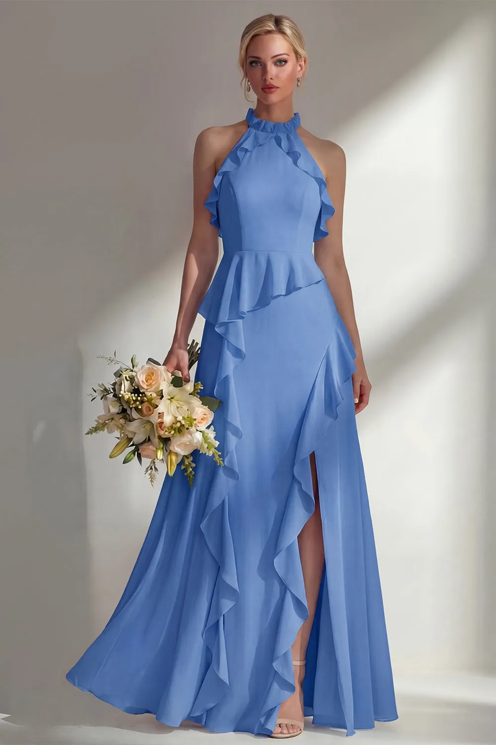 A Line Burgundy Halter Neck Chiffon Long Bridesmaid Dress with Ruffles sold by Zapaka product image thumbnail 5