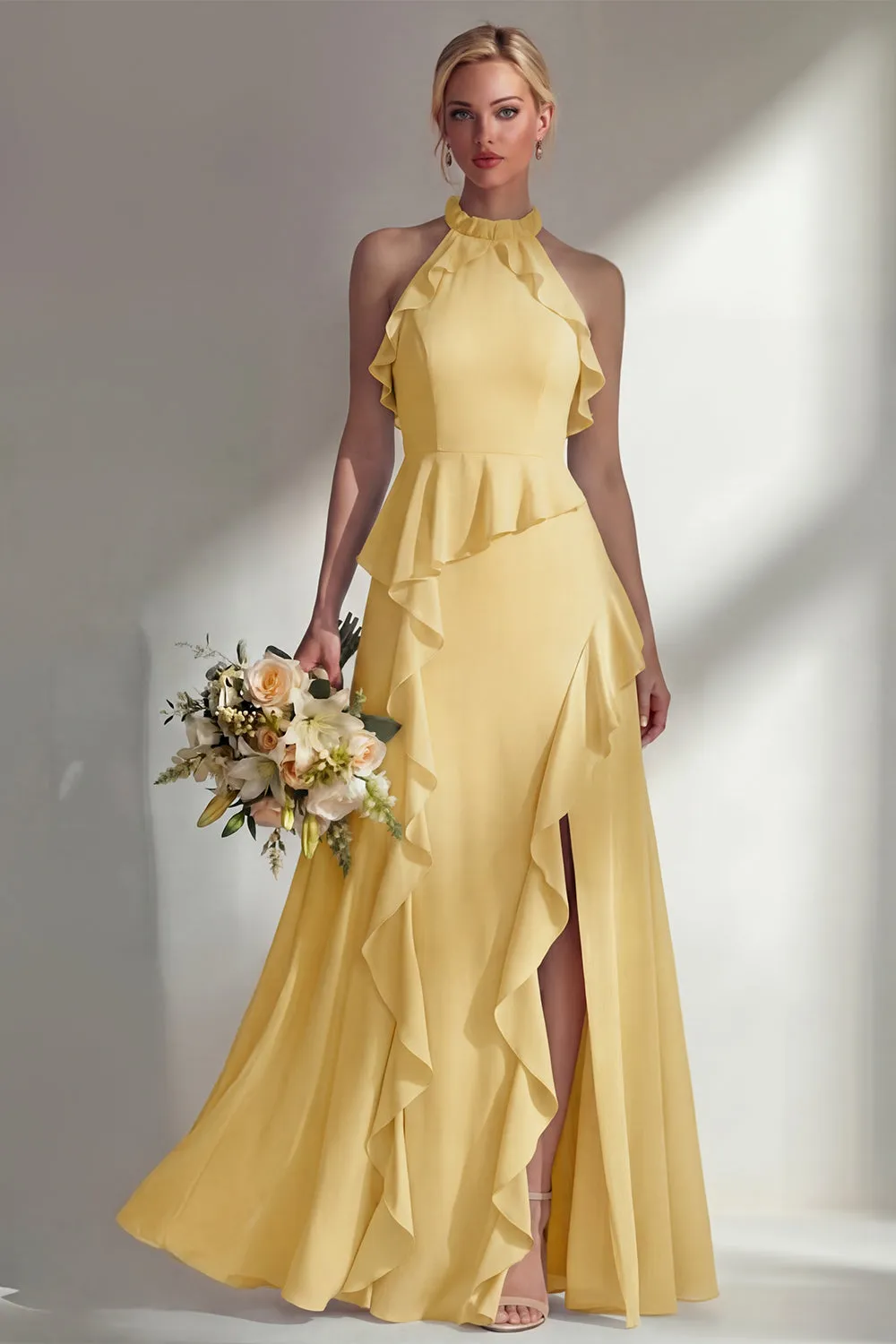 A Line Burgundy Halter Neck Chiffon Long Bridesmaid Dress with Ruffles sold by Zapaka product image thumbnail 3