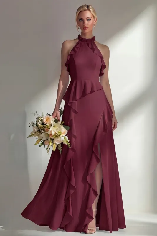 A Line Burgundy Halter Neck Chiffon Long Bridesmaid Dress with Ruffles made by Zapaka