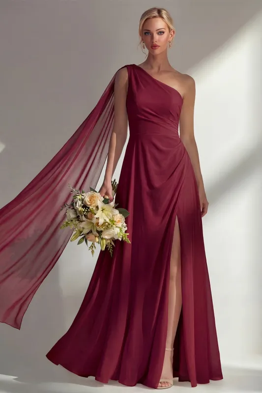 Burgundy A Line One Shoulder Chiffon Long Bridesmaid Dress with Slit made by Zapaka