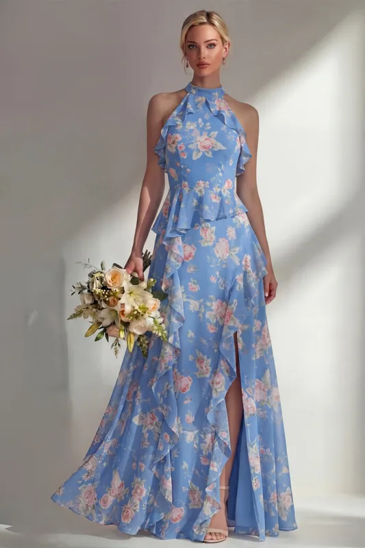A-Line Blue Pink Flower Halter Neck Chiffon Long Bridesmaid Dress with Ruffles made by Zapaka