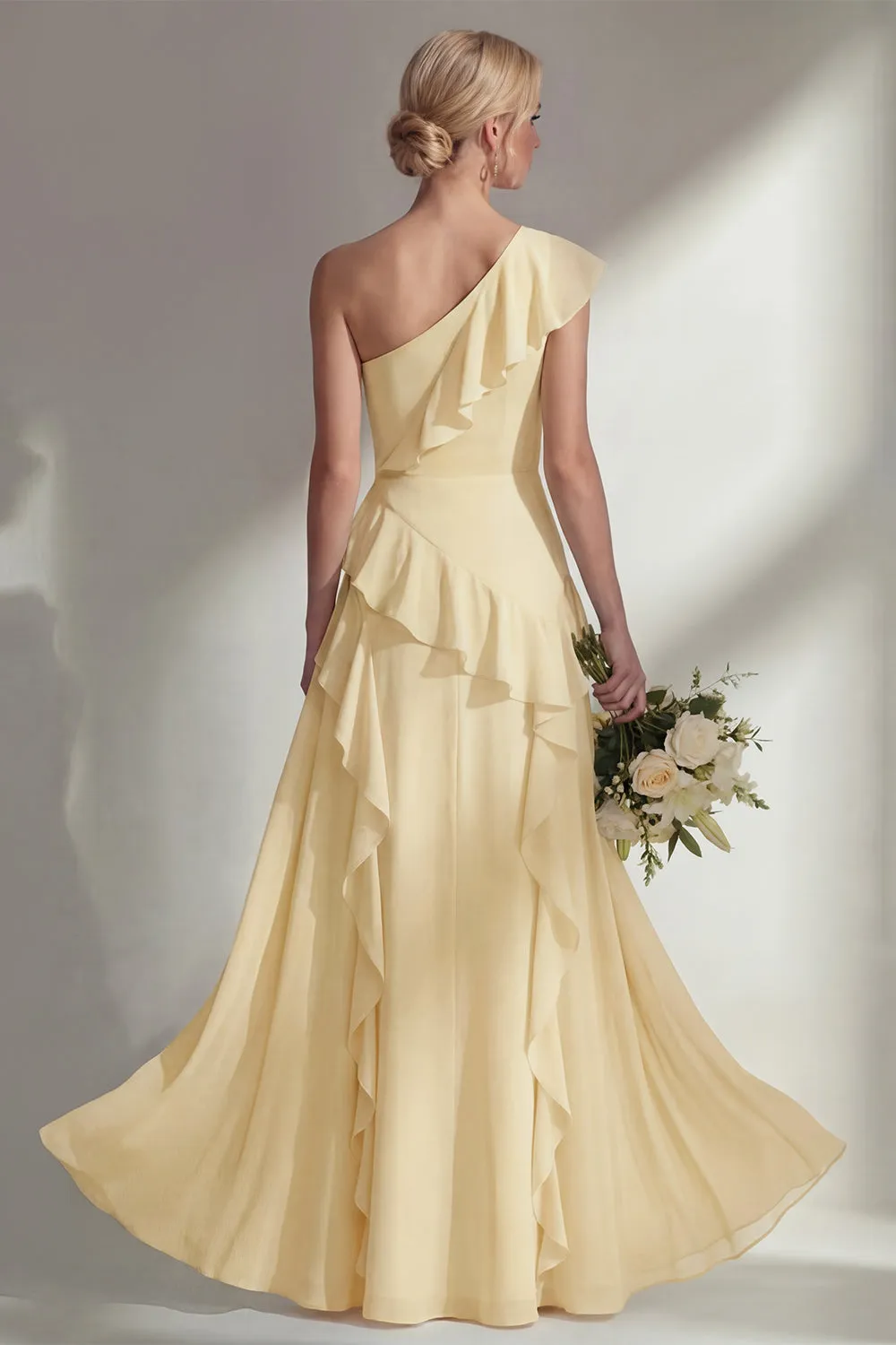 Butter Yellow A Line One Shoulder Chiffon Long Bridesmaid Dress with Ruffles sold by Zapaka product image thumbnail 2