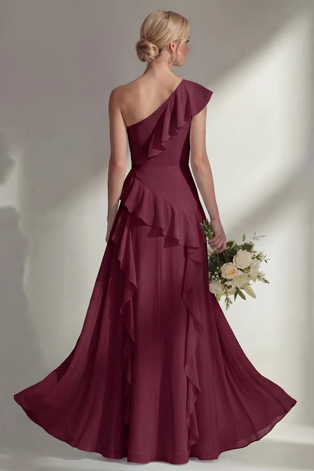 Butter Yellow A Line One Shoulder Chiffon Long Bridesmaid Dress with Ruffles sold by Zapaka product image thumbnail 4