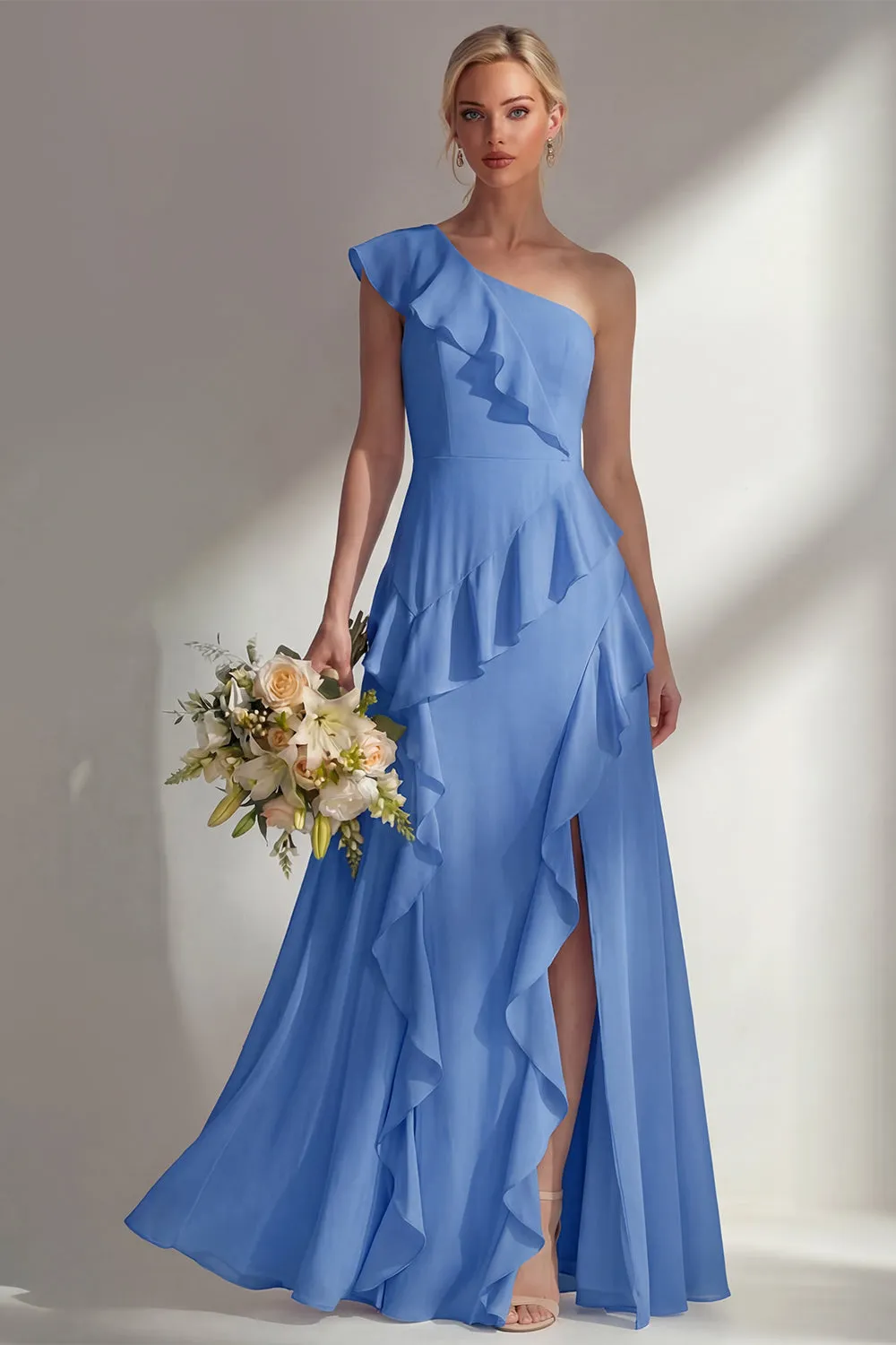 Butter Yellow A Line One Shoulder Chiffon Long Bridesmaid Dress with Ruffles sold by Zapaka product image thumbnail 5