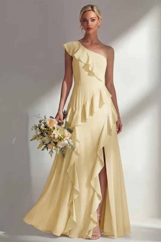 Butter Yellow A Line One Shoulder Chiffon Long Bridesmaid Dress with Ruffles made by Zapaka