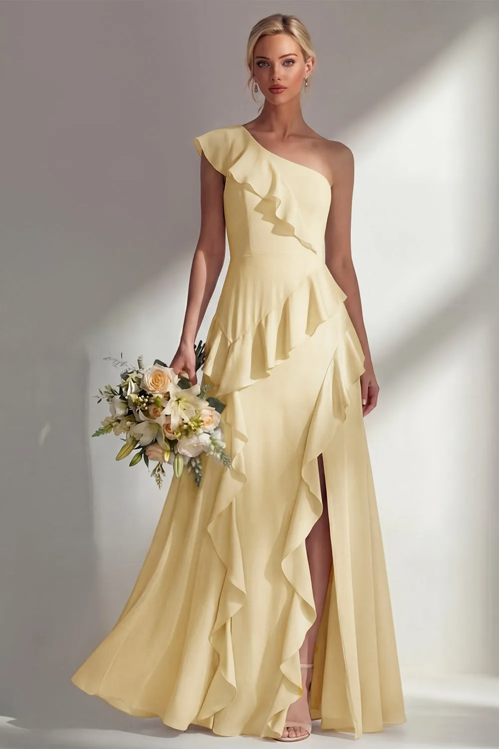 Butter Yellow A Line One Shoulder Chiffon Long Bridesmaid Dress with Ruffles sold by Zapaka