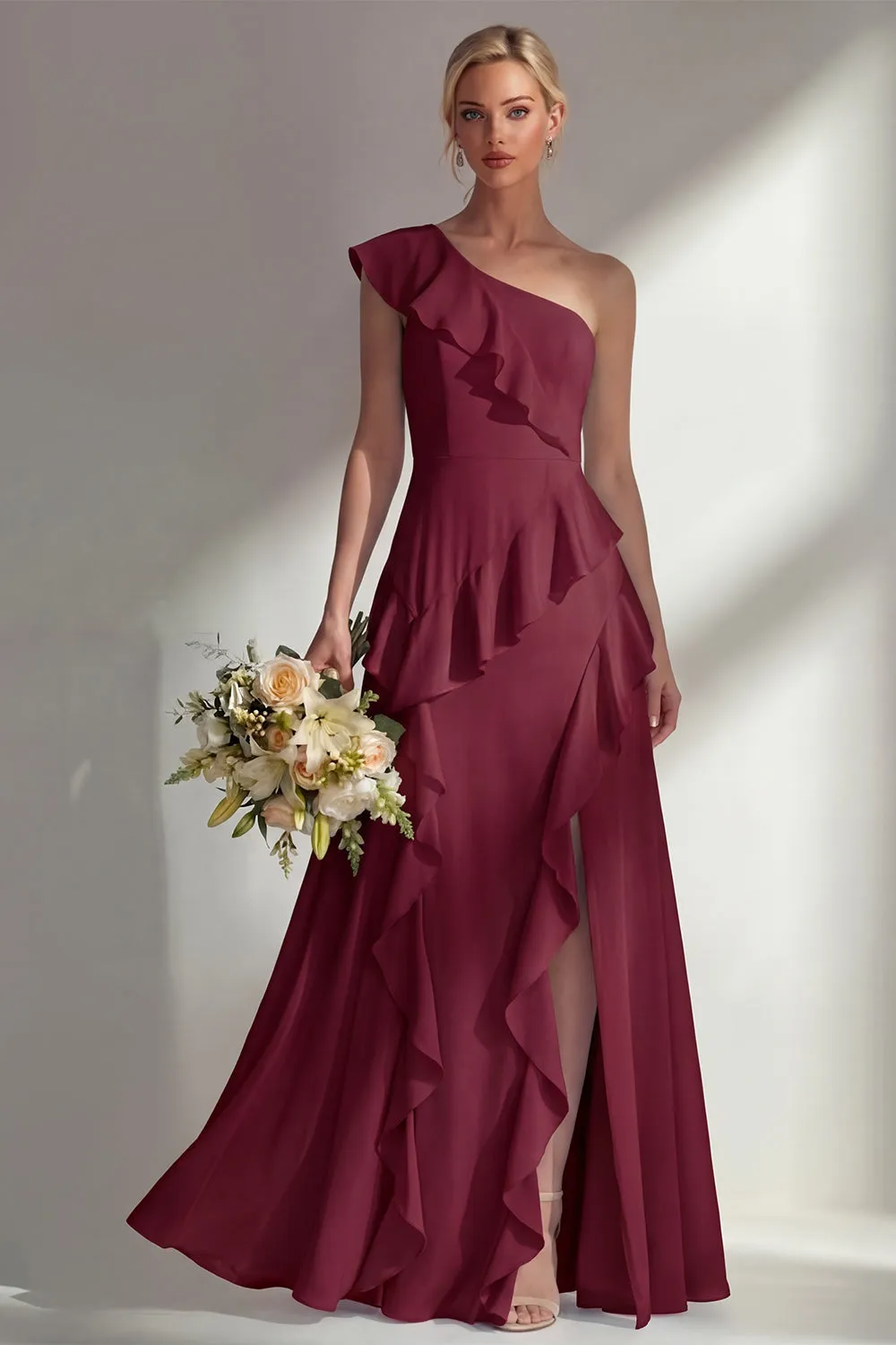 Butter Yellow A Line One Shoulder Chiffon Long Bridesmaid Dress with Ruffles sold by Zapaka product image thumbnail 3