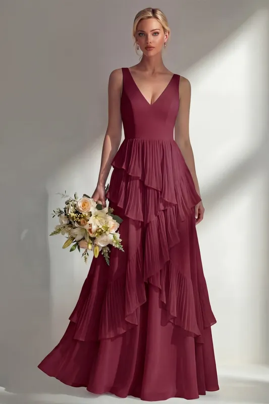 A Line Chiffon Burgundy V-Neck Long Bridesmaid Dress with Ruffles made by Zapaka