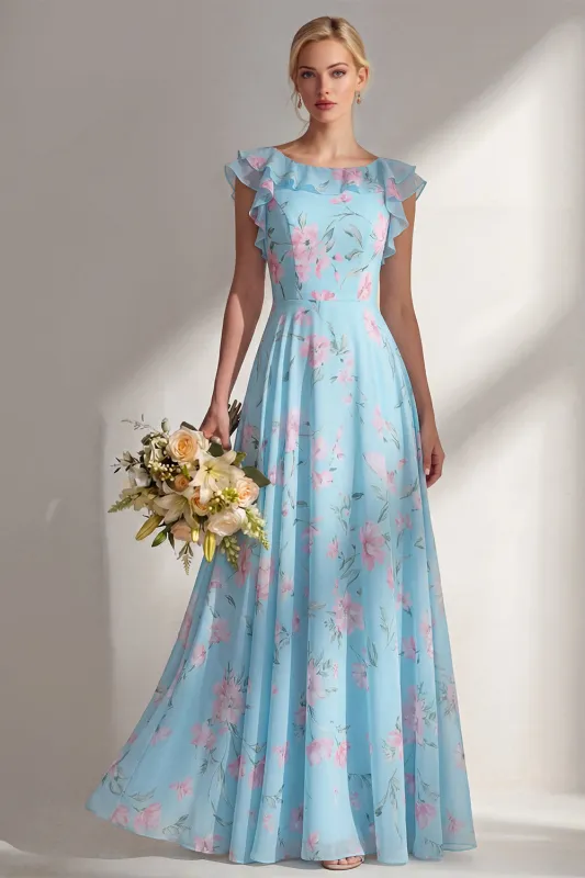 A Line Blue Chiffon Printed Floral Long Bridesmaid Dress with Ruffles made by Zapaka