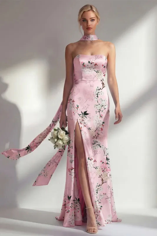 Mermaid Pink Strapless Floral Printed Long Bridesmaid Dress with Slit made by Zapaka