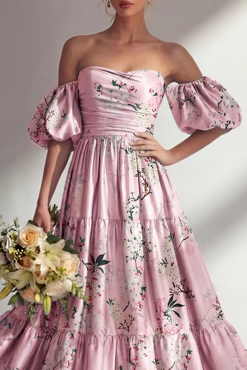 A-Line Pink Strapless Floral Long Bridesmaid Dress with Puff Sleeves sold by Zapaka product image thumbnail 3