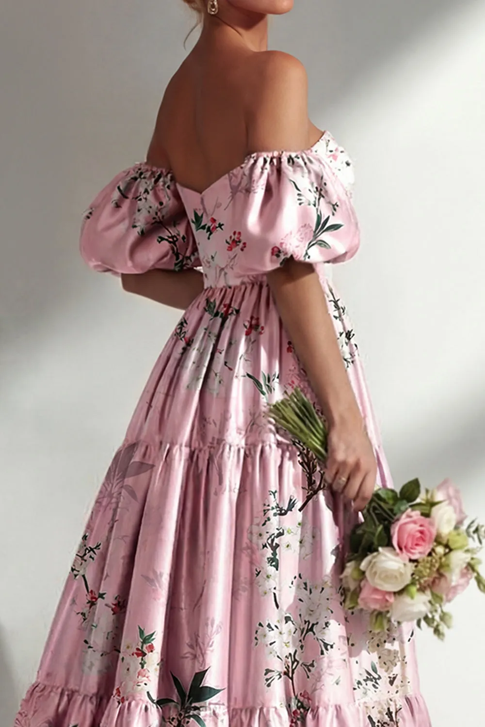 A-Line Pink Strapless Floral Long Bridesmaid Dress with Puff Sleeves sold by Zapaka product image thumbnail 4