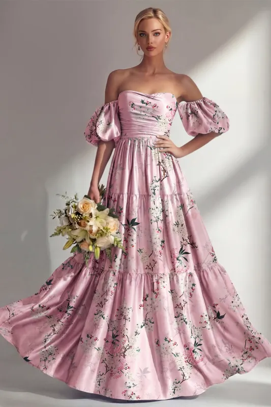 A-Line Pink Strapless Floral Long Bridesmaid Dress with Puff Sleeves made by Zapaka