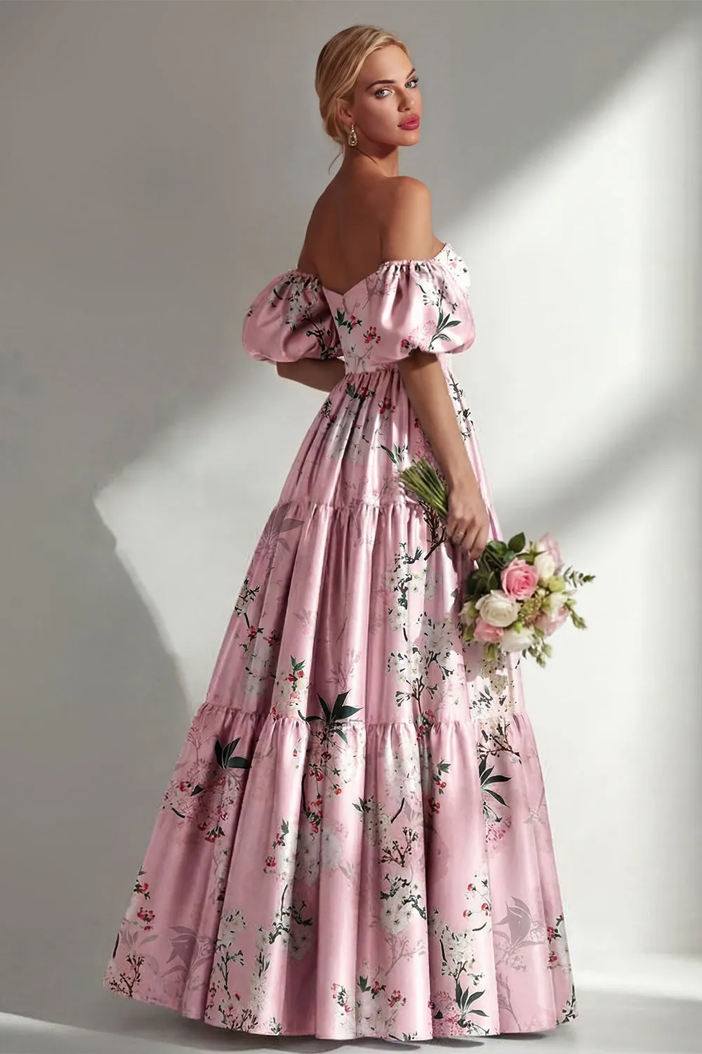 A-Line Pink Strapless Floral Long Bridesmaid Dress with Puff Sleeves sold by Zapaka product image thumbnail 2