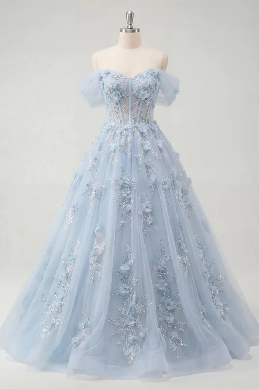 Blue A-Line Off the Shoulder Corset Beaded Long Prom Dress with Appliqued 3D Flowers made by Zapaka