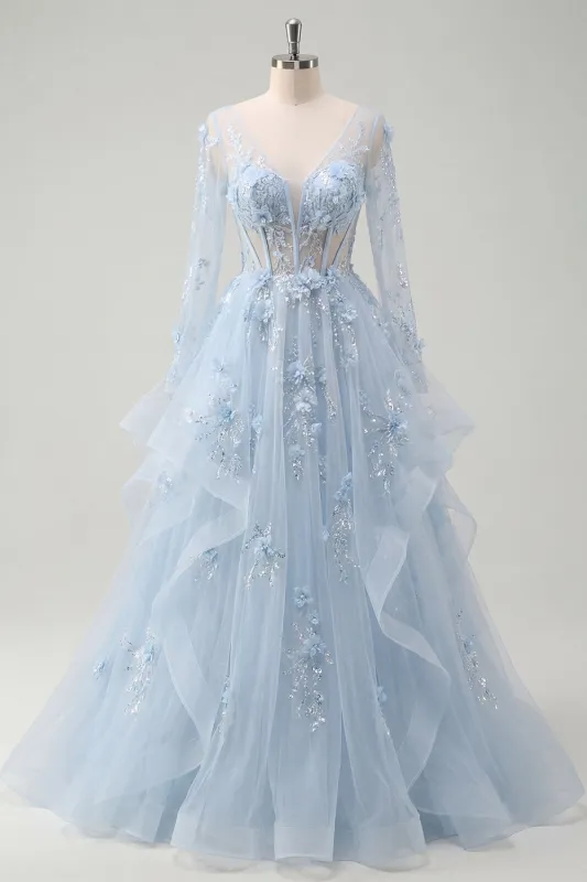 Blue A-Line Beaded Long Sleeves Corset Prom Dress with Appliqued 3D Flowers made by Zapaka