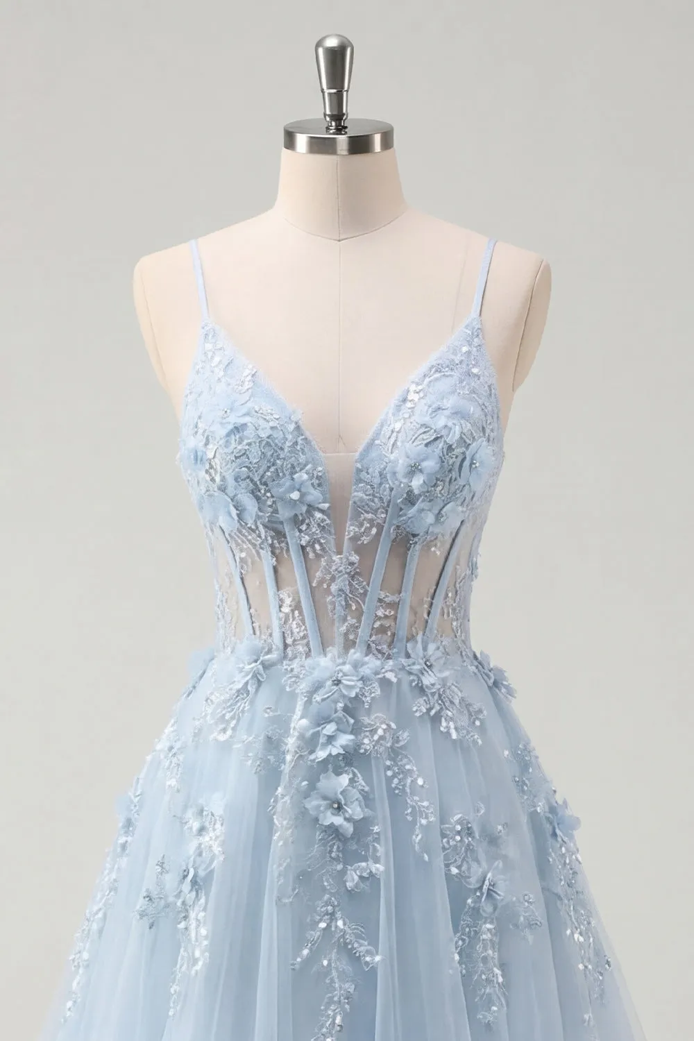 A-Line Blue Spaghetti Straps Beaded Sheer Corset Long Prom Dress with Appliques sold by Zapaka product image thumbnail 5
