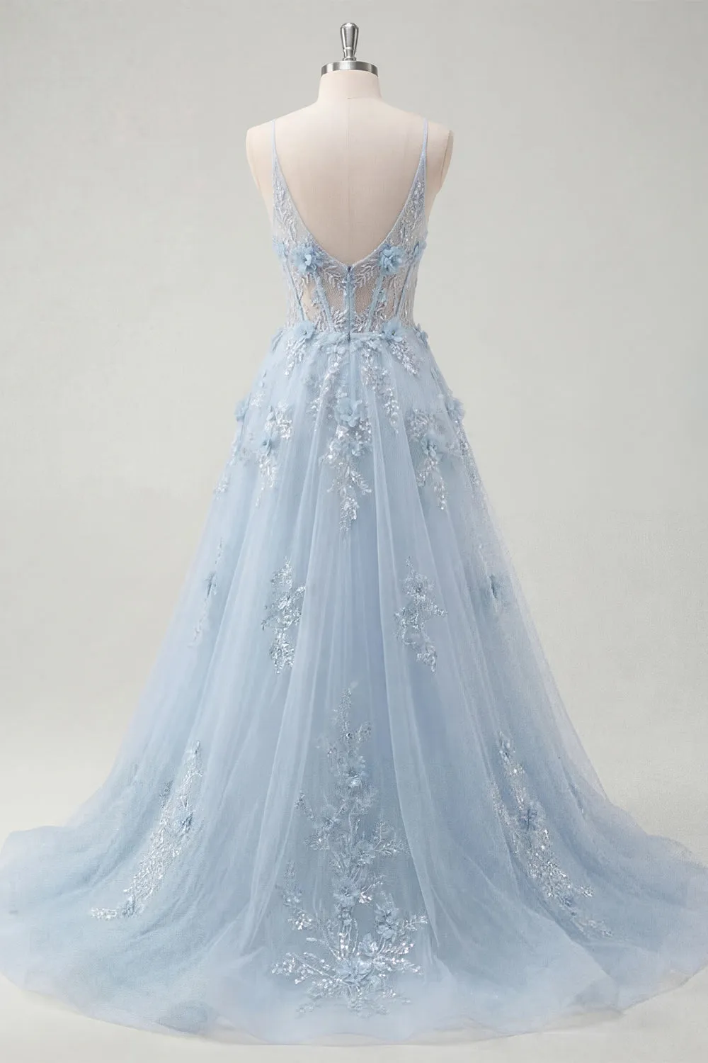 A-Line Blue Spaghetti Straps Beaded Sheer Corset Long Prom Dress with Appliques sold by Zapaka product image thumbnail 2