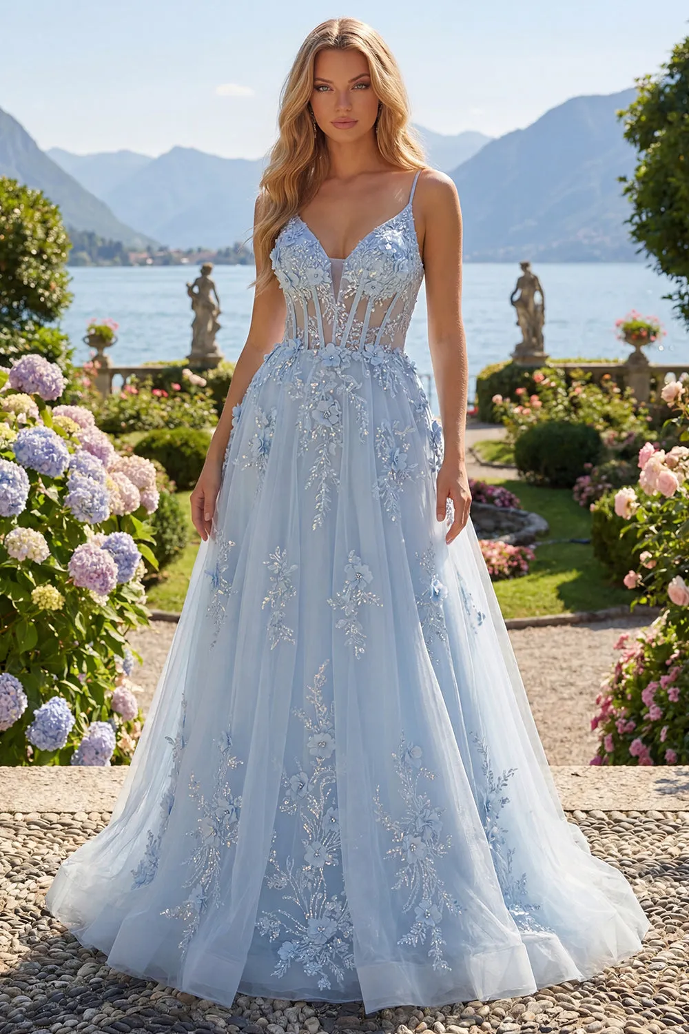 A-Line Blue Spaghetti Straps Beaded Sheer Corset Long Prom Dress with Appliques sold by Zapaka product image thumbnail 3