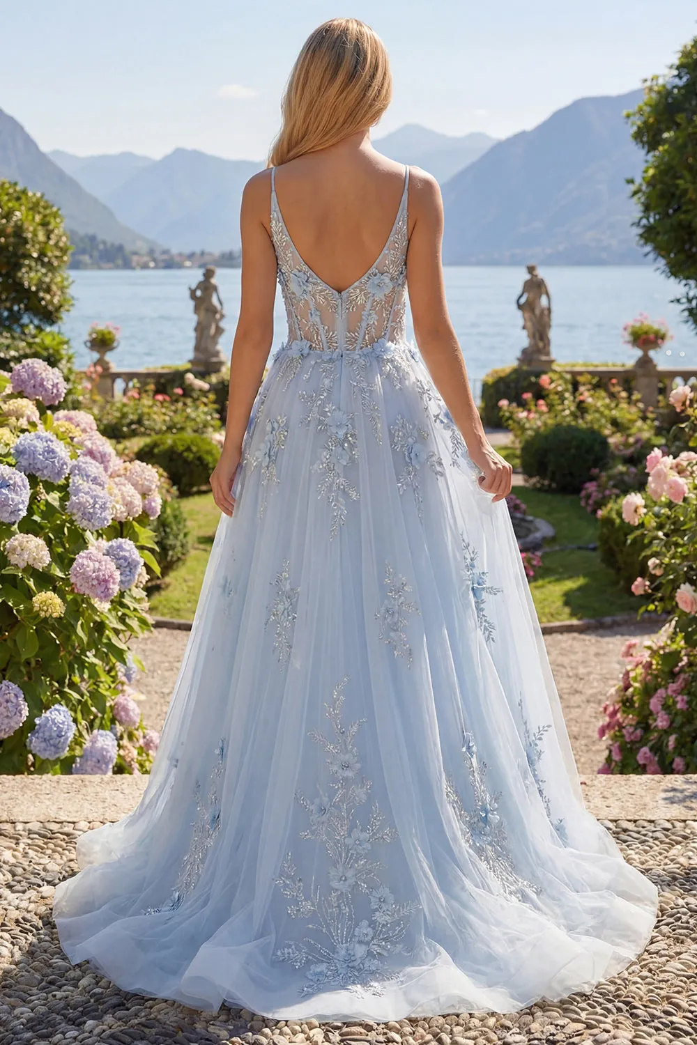 A-Line Blue Spaghetti Straps Beaded Sheer Corset Long Prom Dress with Appliques sold by Zapaka product image thumbnail 4