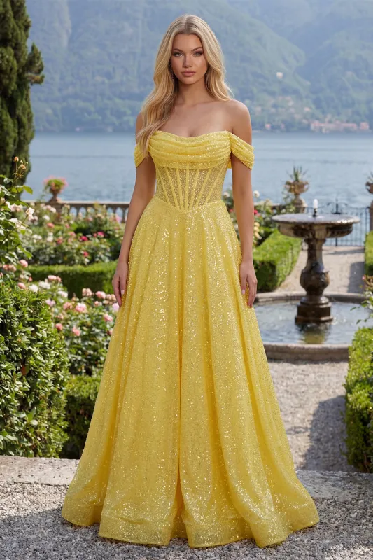 Sparkly A-Line Yellow Off the Shoulder Corset Sequins Long Prom Dress made by Zapaka