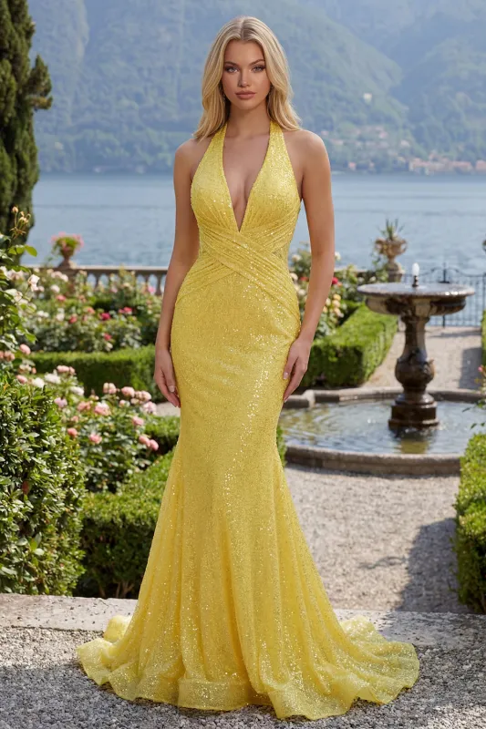 Sparkly Mermaid Yellow Halter Neck Sequins Long Prom Dress made by Zapaka