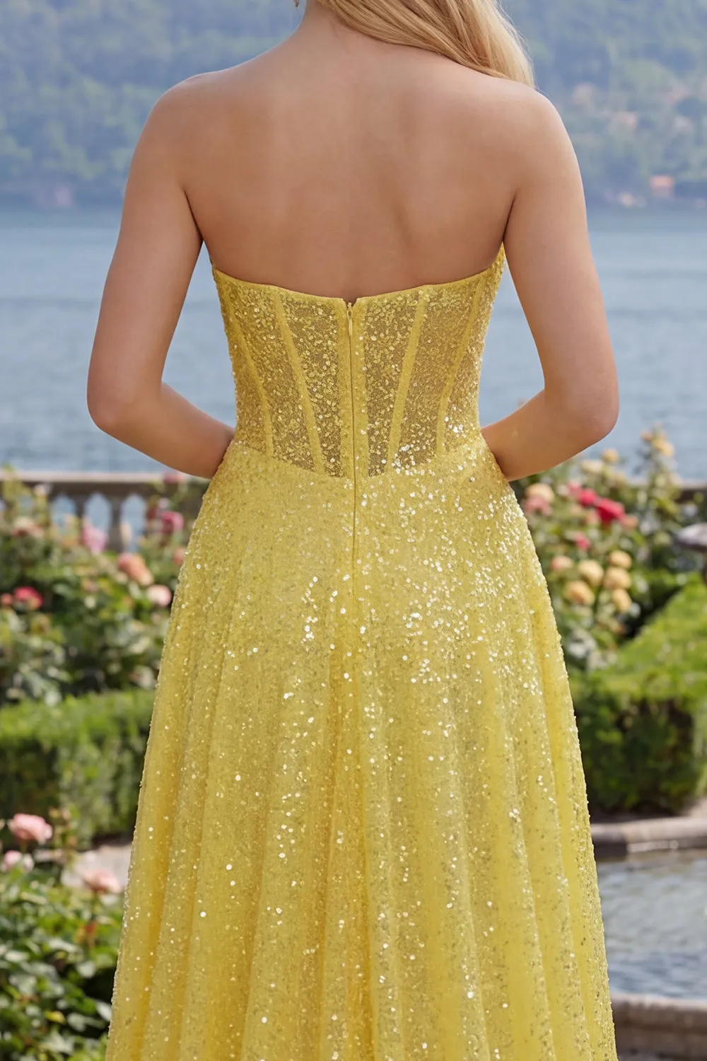 Sparkly Yellow A-Line Sweetheart Corset Sequins Long Prom Dress with Slit sold by Zapaka product image thumbnail 4