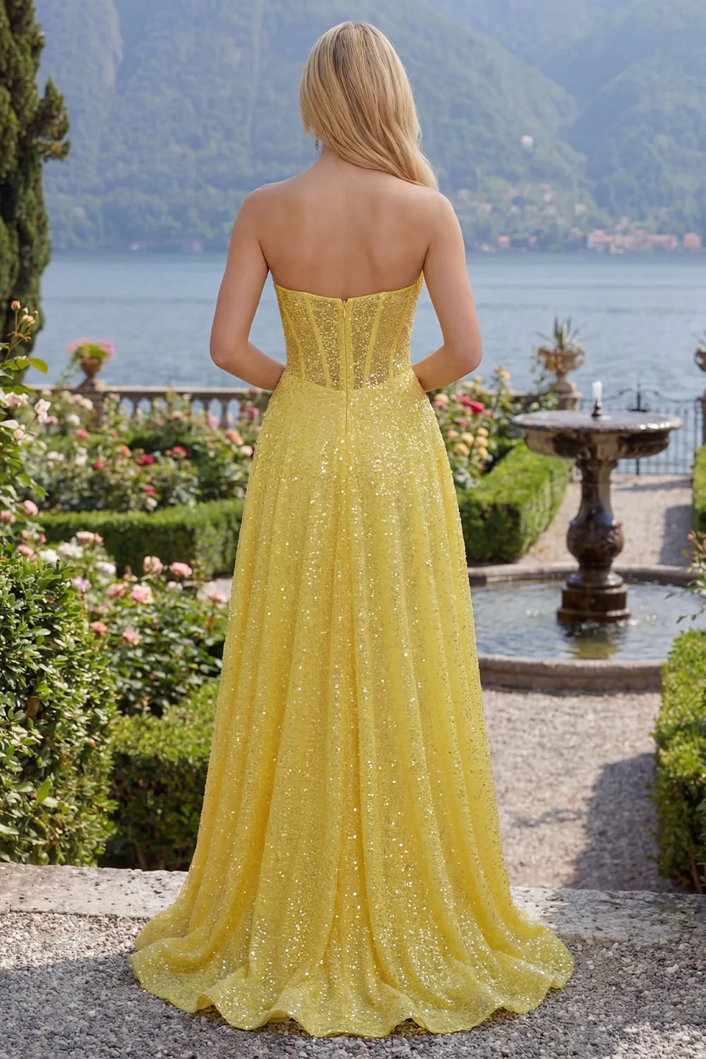 Sparkly Yellow A-Line Sweetheart Corset Sequins Long Prom Dress with Slit sold by Zapaka product image thumbnail 2