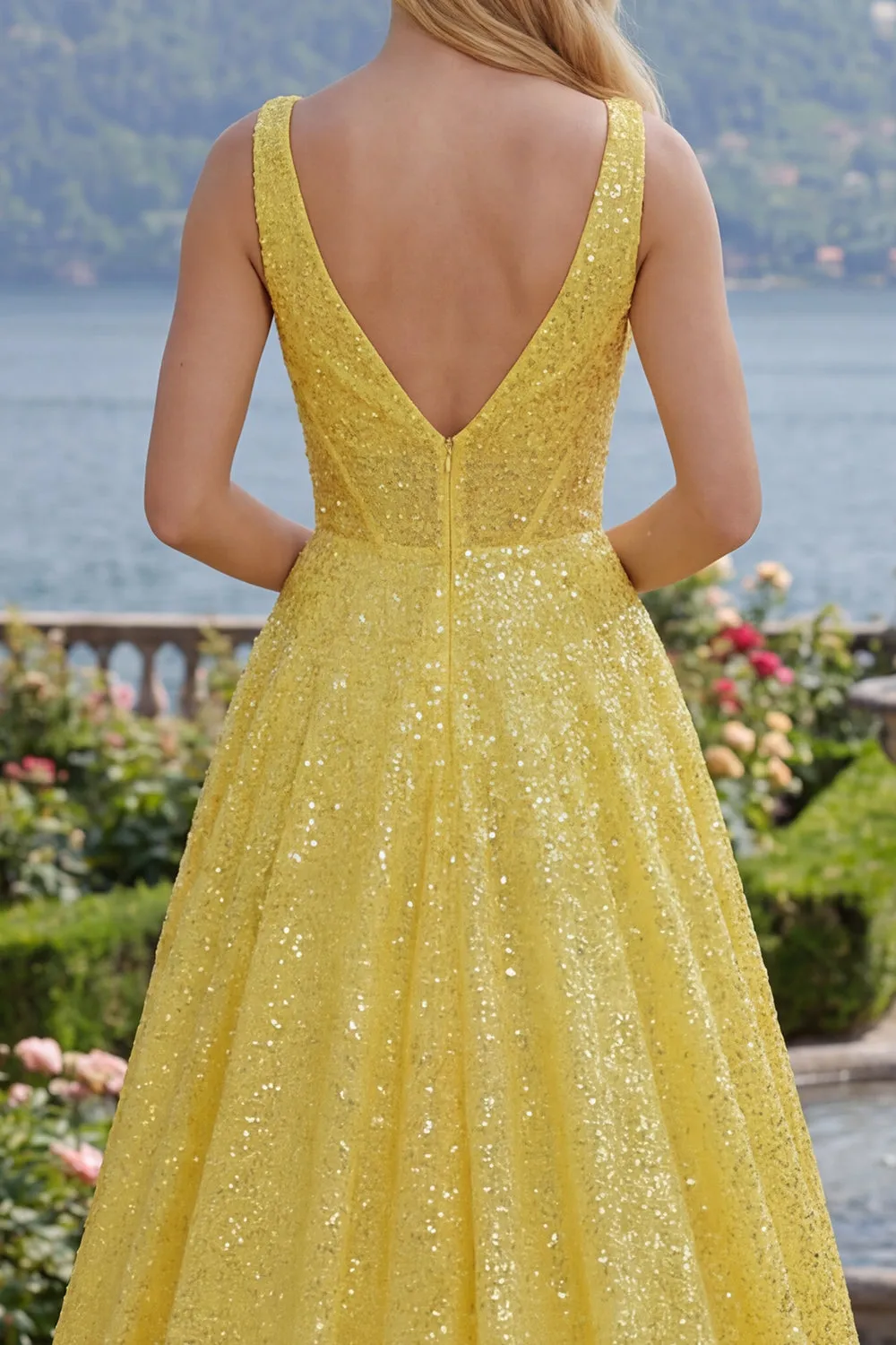 Sparkly Yellow A-Line Corset V-Neck Sequins Long Prom Dress with Pockets sold by Zapaka product image thumbnail 4